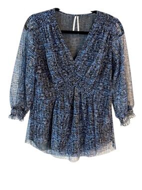 Anthropologie V-Neck Blue Patterned Ruched Top